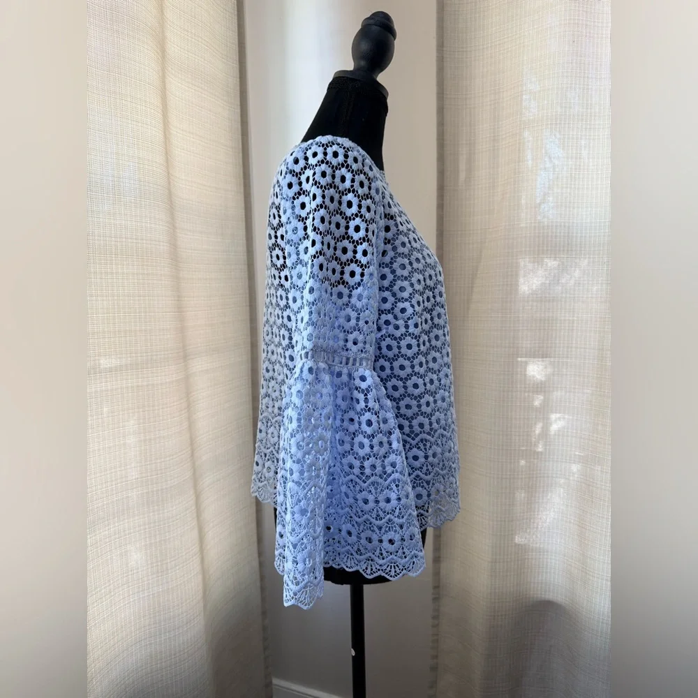 J.Crew Light Blue Daisy Lace 3/4 Bell-sleeve Top Sz 4 Boho Chic Coquette Classic